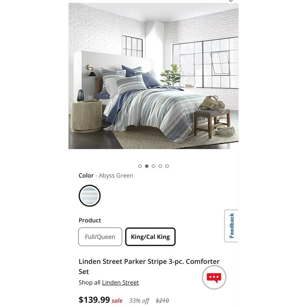NEW! Linden Street Parker Stripe 3PC Comforter Set Abyss Green King/Cal King
